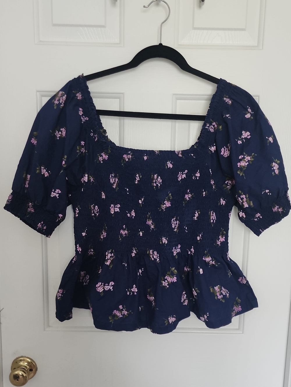 Lands' End Navy Floral Smocked Peplum Top